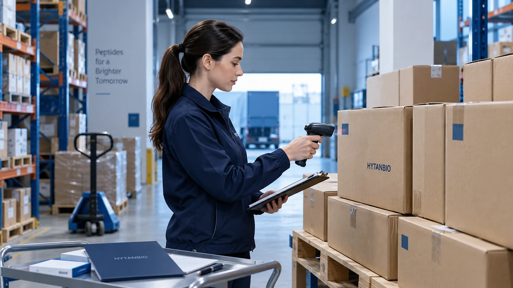 Cosmetic Peptides — Warehouse coordination HYTANBIO illustrative business scene