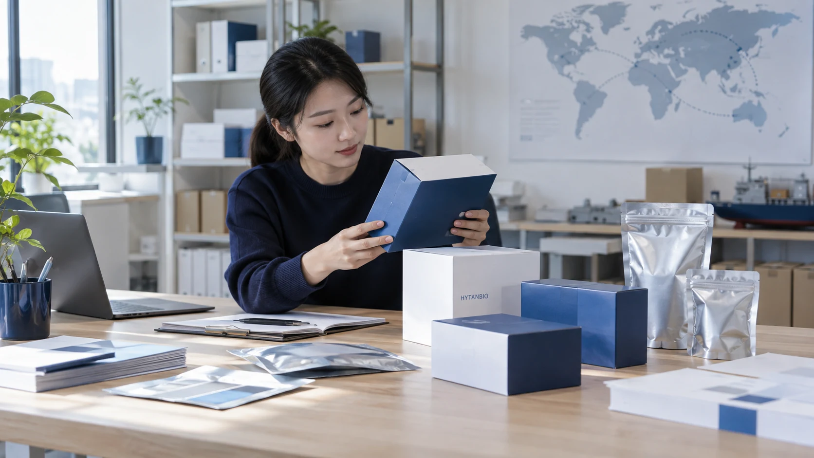 Export and Logistics Coordination — Packaging development HYTANBIO illustrative business scene